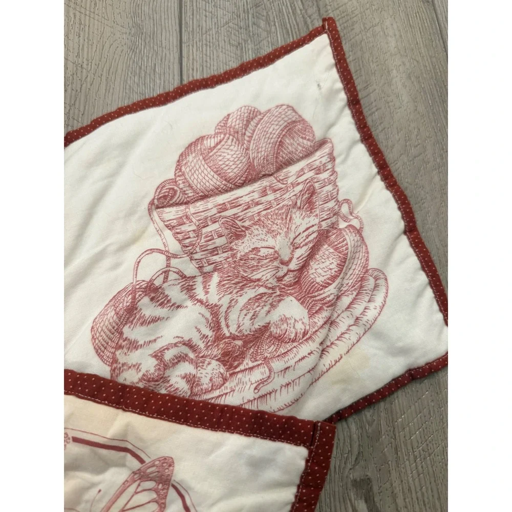 Vintage Set of 3 Quilted Fabric Coasters Red Toile Strawberry Cat Butterfly 8.5